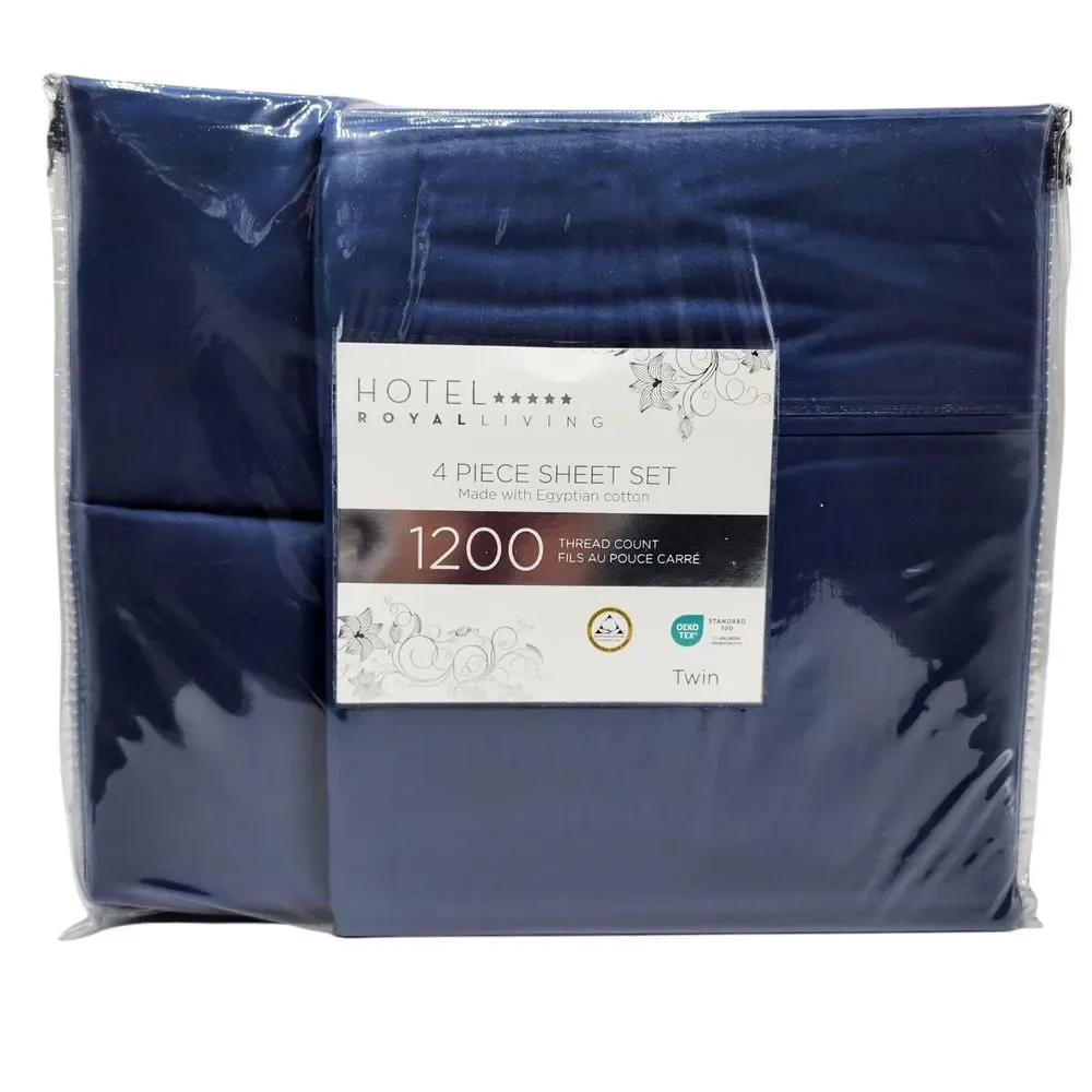 Hotel Royal Living Twin Navy Blue Sheet Set x4 1200 Thread Count Egyptian Cotton
